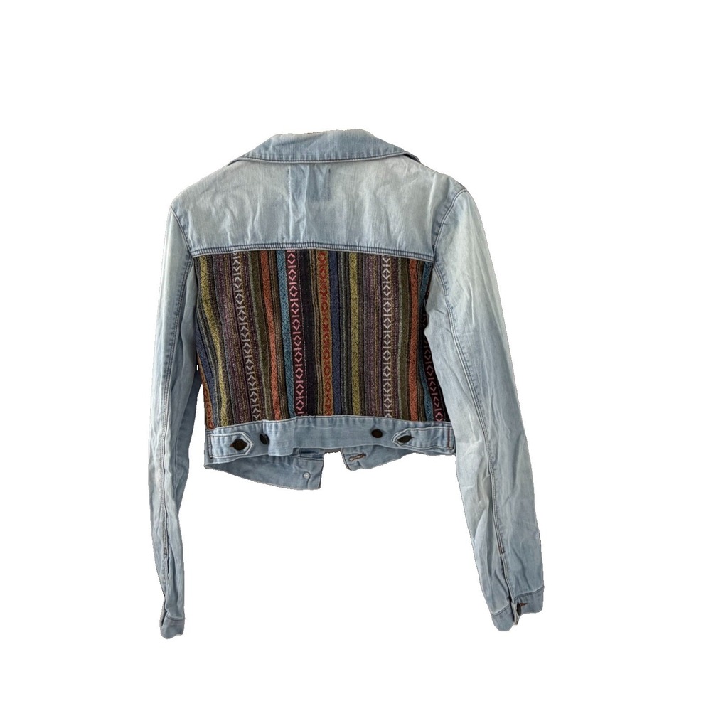 Life In Progress Denim Jacket Women Large Blue Southwestern Cropped Aztec Woven